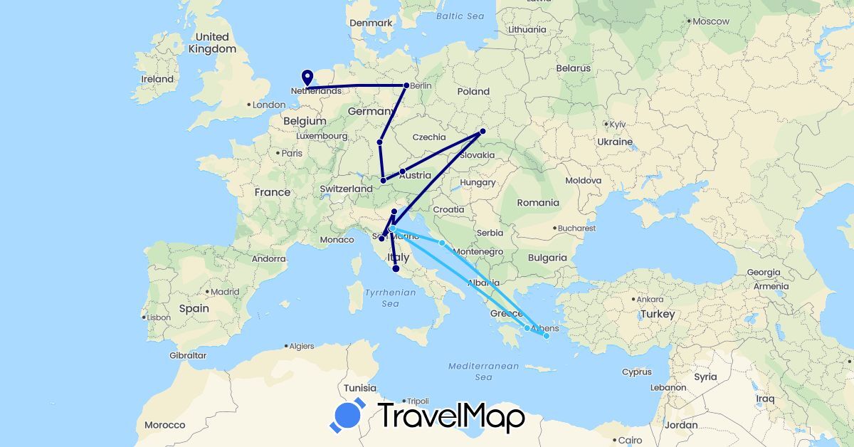 TravelMap itinerary: driving, boat in Austria, Germany, Greece, Croatia, Italy, Netherlands, Poland (Europe)
